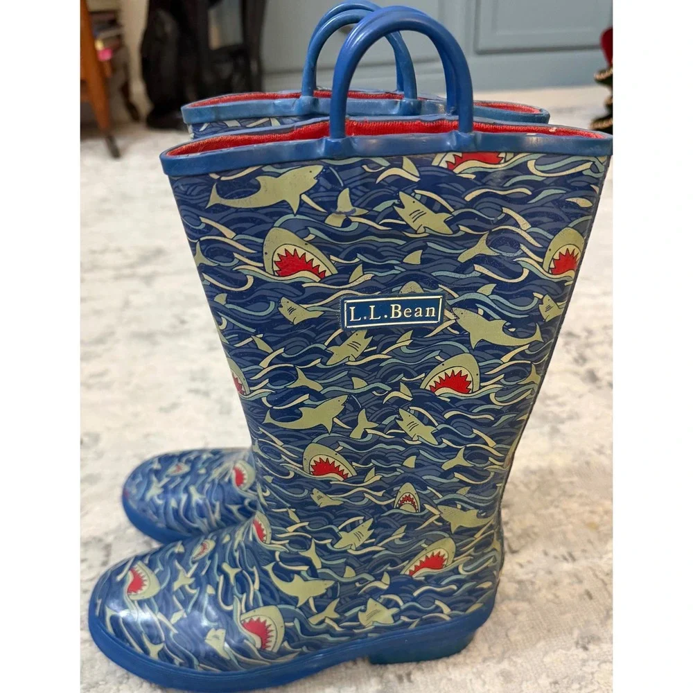 LL Bean Kids Shark Print Rain Boots Blue Rubber Pull On Waterproof Size 3